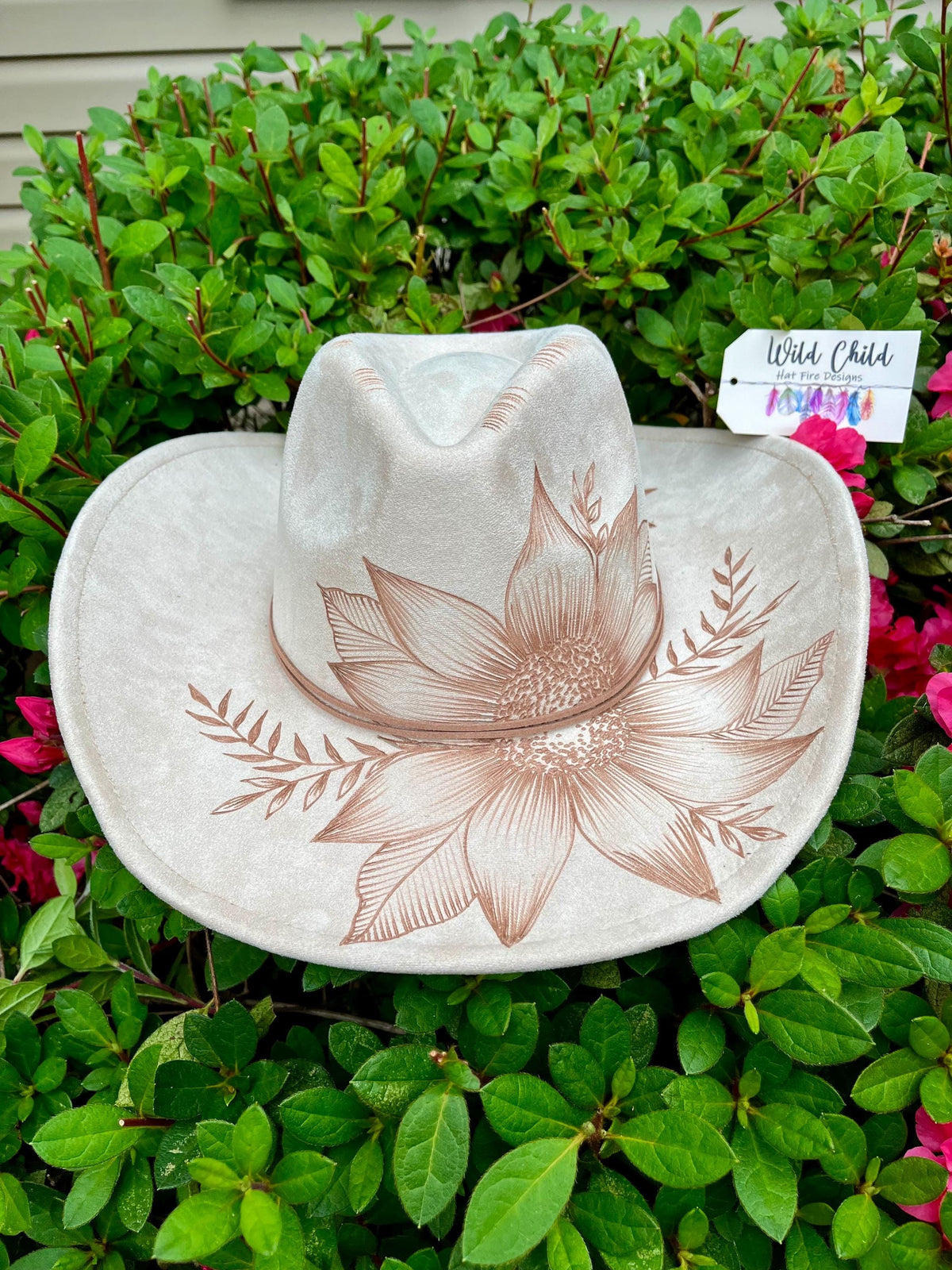 2569 – Sunflower Design Hand-burned Vegan Suede Wide Brim Cowboy Hat Sunflower Burned Hat, Floral Engraved Cowboy Hat, Sunflower  main image 2
